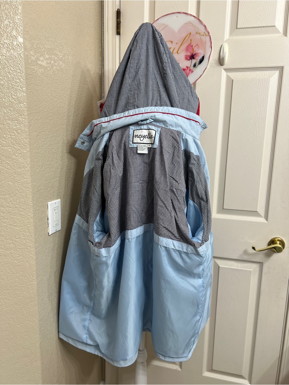 Women's Light Blue Hooded Trench Coat with Drawstring - Picture 5 of 8